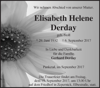 Traueranzeige von Elisabeth Helene Derday von Märkische Oderzeitung