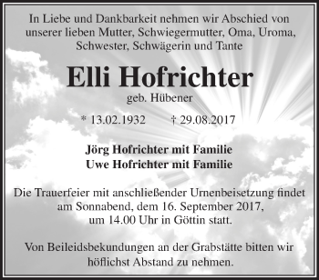 Traueranzeige von Elli Hofrichter von Märkische Oderzeitung