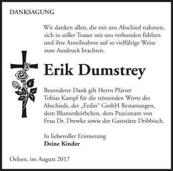 Traueranzeige von Erik Dumstrey von Märkische Oderzeitung