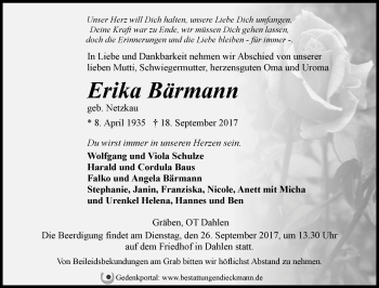 Traueranzeige von Erika Bärmann von Märkische Oderzeitung