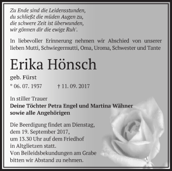 Traueranzeige von Erika Hönsch von Märkische Oderzeitung