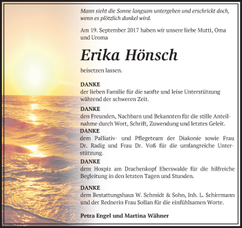 Traueranzeige von Erika Hönsch von Märkische Oderzeitung