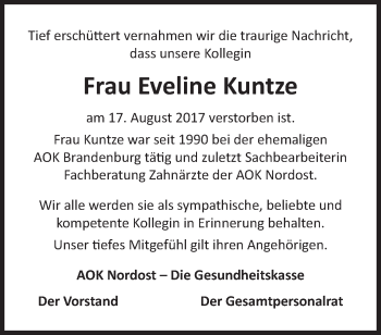 Traueranzeige von Eveline Kuntze von Märkische Oderzeitung
