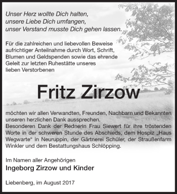 Traueranzeige von Fritz Zirzow von Märkische Oderzeitung