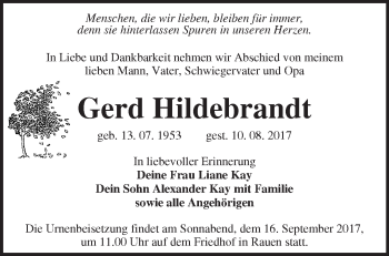 Traueranzeige von Gerd Hildebrandt von Märkische Oderzeitung