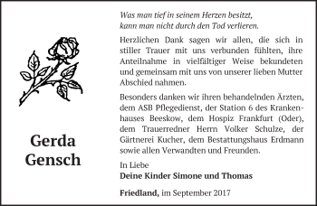 Traueranzeige von Gerda Gensch von Märkische Oderzeitung