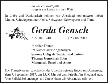 Traueranzeige von Gerda Gensch von Märkische Oderzeitung