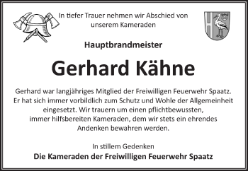 Traueranzeige von Gerhard Kähne von Märkische Oderzeitung