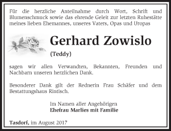 Traueranzeige von Gerhard Zowislo von Märkische Oderzeitung