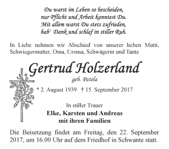 Traueranzeige von Gertrud Holzerland von Märkische Oderzeitung