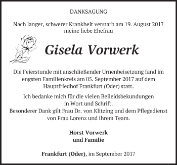 Traueranzeige von Gisela Vorwerk von Märkische Oderzeitung