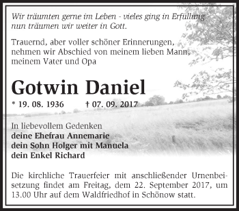 Traueranzeige von Gotwin Daniel von Märkische Oderzeitung