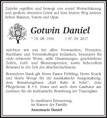 Traueranzeige von Gotwin Daniel von Märkische Oderzeitung