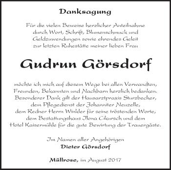 Traueranzeige von Gudrun Görsdorf von Märkische Oderzeitung