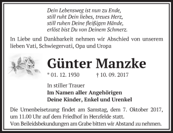 Traueranzeige von Günter Manzke von Märkische Oderzeitung