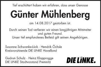 Traueranzeige von Günter Mühlenberg von Märkische Oderzeitung