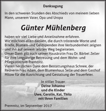 Traueranzeige von Günter Mühlenberg von Märkische Oderzeitung