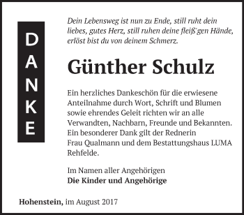 Traueranzeige von Günther Schulz von Märkische Oderzeitung