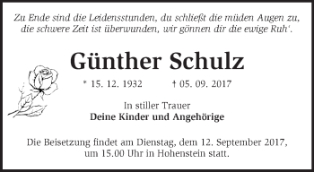 Traueranzeige von Günther Schulz von Märkische Oderzeitung