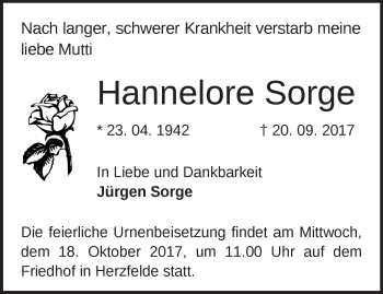 Traueranzeige von Hannelore Sorge von Märkische Oderzeitung