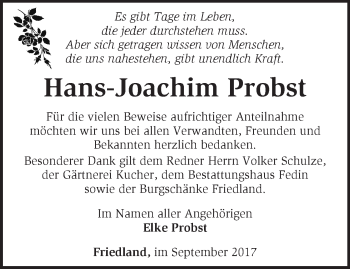 Traueranzeige von Hans-Joachim Probst von Märkische Oderzeitung