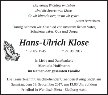 Traueranzeige von Hans-Ulrich Klose von Märkische Oderzeitung