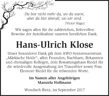 Traueranzeige von Hans-Ulrich Klose von Märkische Oderzeitung