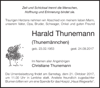 Traueranzeige von Harald Thunemann von Märkische Oderzeitung