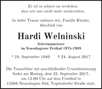 Traueranzeige von Hardi Welninski von Märkische Oderzeitung