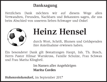 Traueranzeige von Heinz Hensel von Märkische Oderzeitung