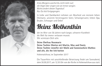 Traueranzeige von Heinz Molitentlun von Märkische Oderzeitung