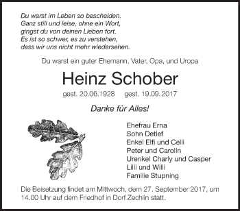 Traueranzeige von Heinz Schober von Märkische Oderzeitung