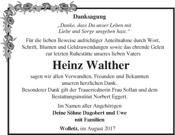 Traueranzeige von Heinz Walther von Märkische Oderzeitung