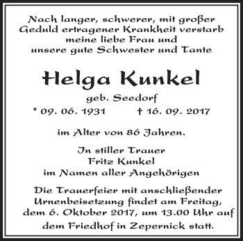 Traueranzeige von Helga Kunkel von Märkische Oderzeitung