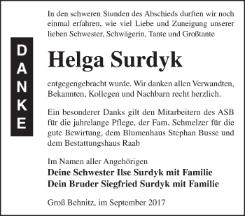 Traueranzeige von Helga Surdyk von Märkische Oderzeitung