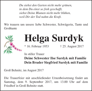 Traueranzeige von Helga Surdyk von Märkische Oderzeitung