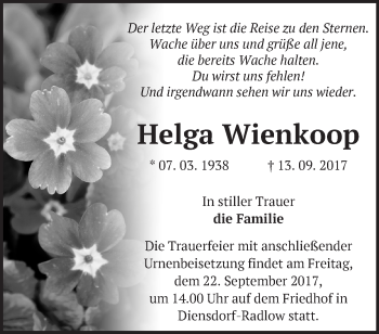 Traueranzeige von Helga Wienkoop von Märkische Oderzeitung