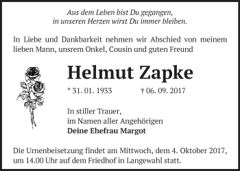 Traueranzeige von Helmut Zapke von Märkische Oderzeitung