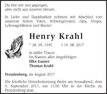 Traueranzeige von Henry Krahl von Märkische Oderzeitung