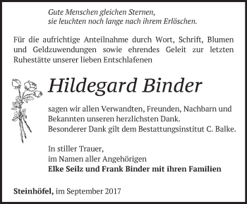 Traueranzeige von Hildegard Binder von Märkische Oderzeitung