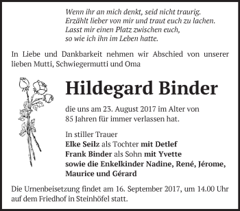 Traueranzeige von Hildegard Binder von Märkische Oderzeitung