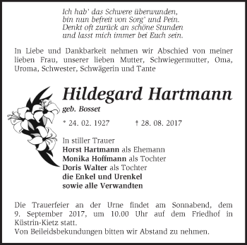 Traueranzeige von Hildegard Hartmann von Märkische Oderzeitung