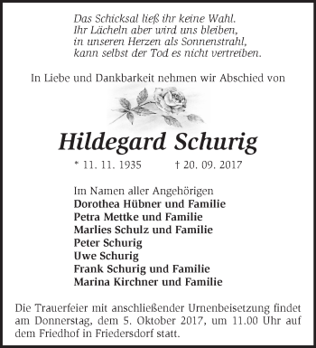 Traueranzeige von Hildegard Schurig von Märkische Oderzeitung