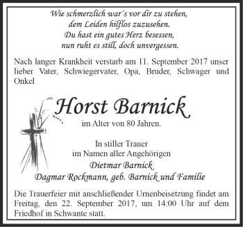 Traueranzeige von Horst Barnick von Märkische Oderzeitung