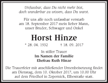 Traueranzeige von Horst Hinze von Märkische Oderzeitung