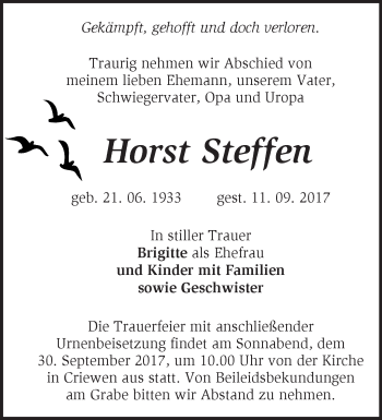 Traueranzeige von Horst Steffen von Märkische Oderzeitung