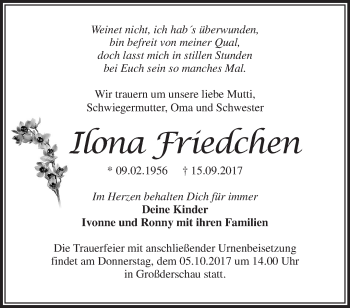 Traueranzeige von Ilona Friedchen von Märkische Oderzeitung