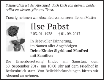 Traueranzeige von Ilse Pabst von Märkische Oderzeitung