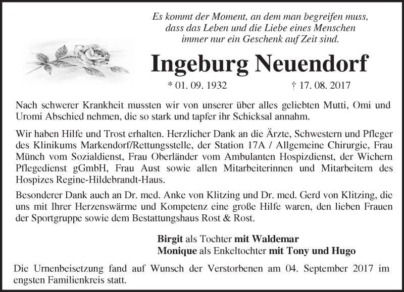  Traueranzeige für Ingeburg Neuendorf vom 05.09.2017 aus Märkische Oderzeitung