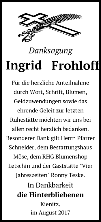 Traueranzeige von Ingrid Frohloff von Märkische Oderzeitung